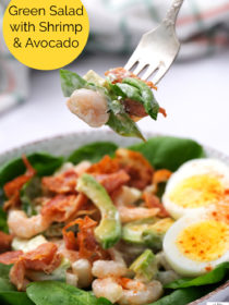fork bite of Green Salad with Shrimp and Avocado