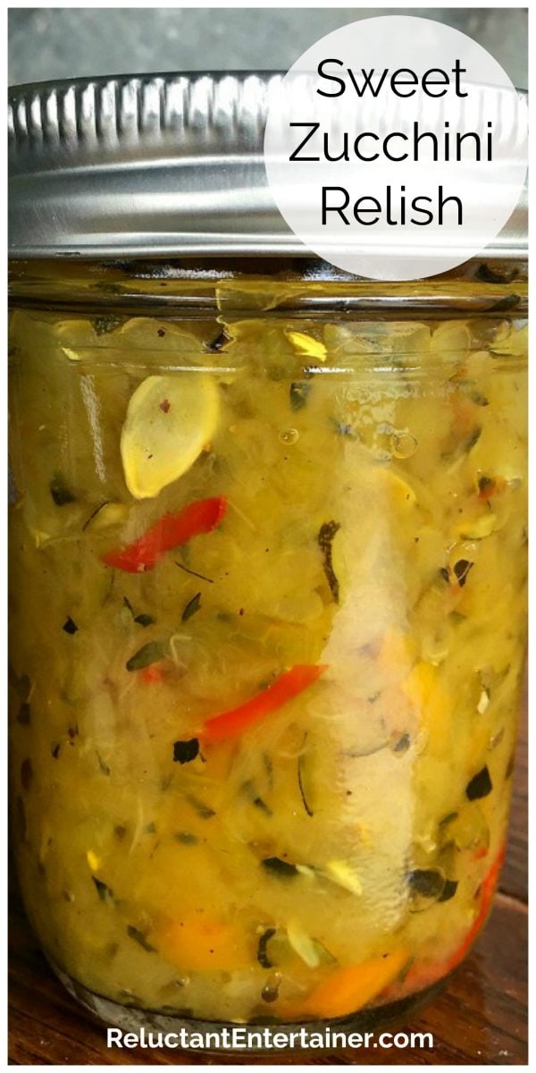 close up yellowish zucchini relish in a jar