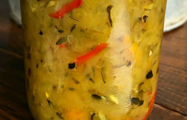 close up zucchini relish with pimento