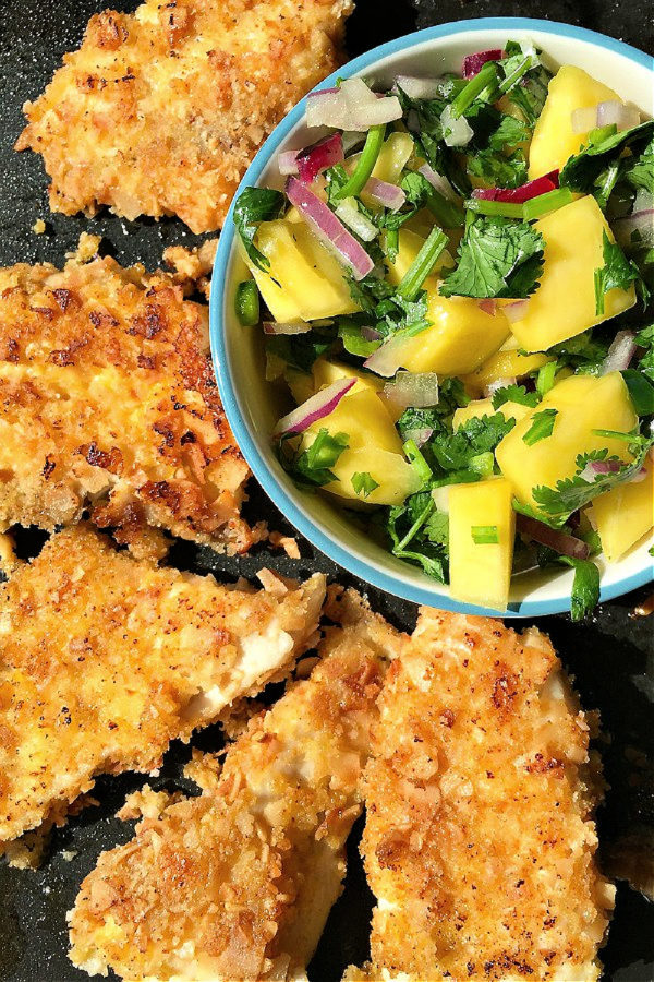 Coconut Crusted Fish with mango salsa