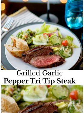 A white plate of Delicious Grilled Garlic Pepper Tri Tip Recipe