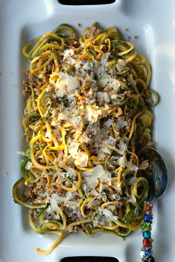 taking a meal: ground turkey pesto yellow squash and zucchini noodles