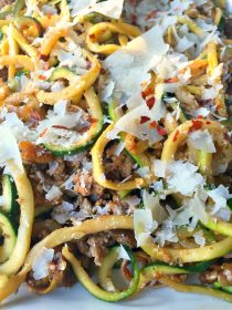 Ground Turkey Pesto Yellow Squash and Zucchini Noodles