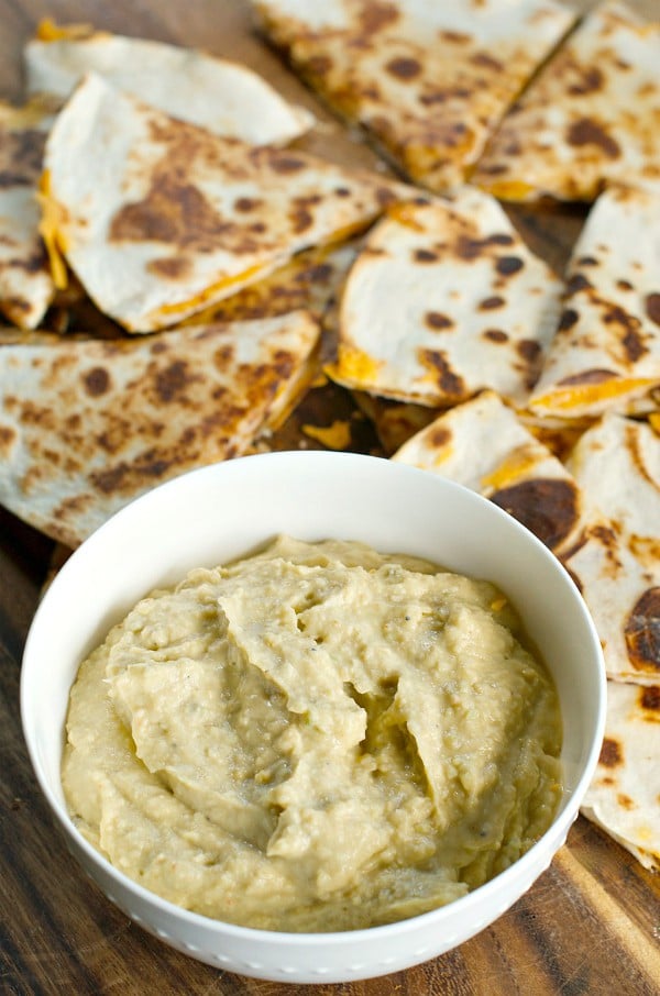 Spicy Avocado Hummus with Cheesy Quesadillas