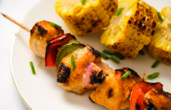 Barbecue Chicken Kebab with corn on cob