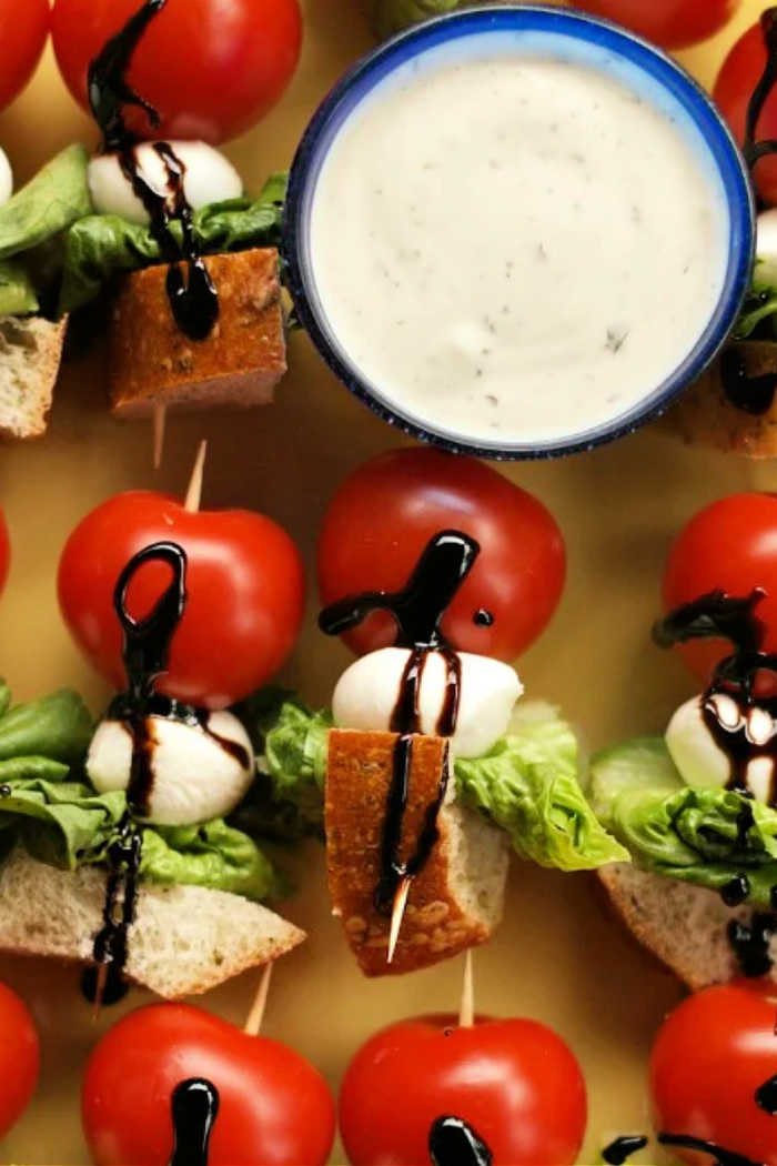 caprese salad skewers with Ranch dressing