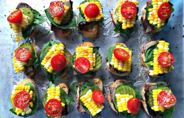 a platter of garden tri tip crostini