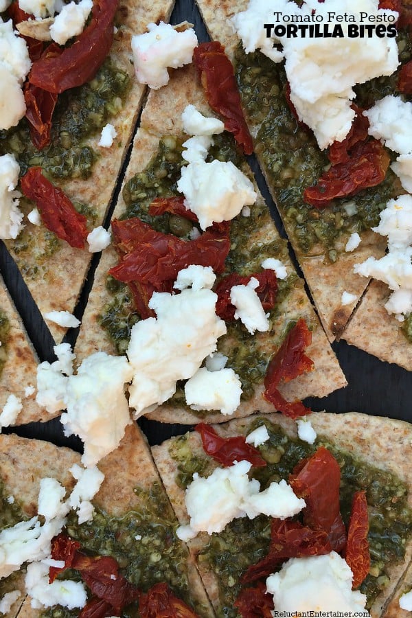 Tomato Feta Pesto Tortilla Bites | ReluctantEntertainer.com