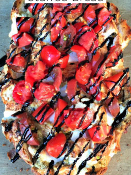 caprese stuffed bread with balsamic glaze