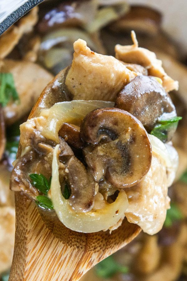 close up chicken marsala with a slice of mushroom