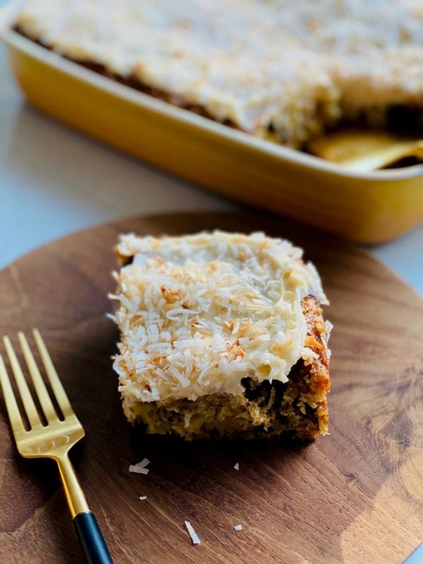 serving of pineapple cake with cream cheese frosting