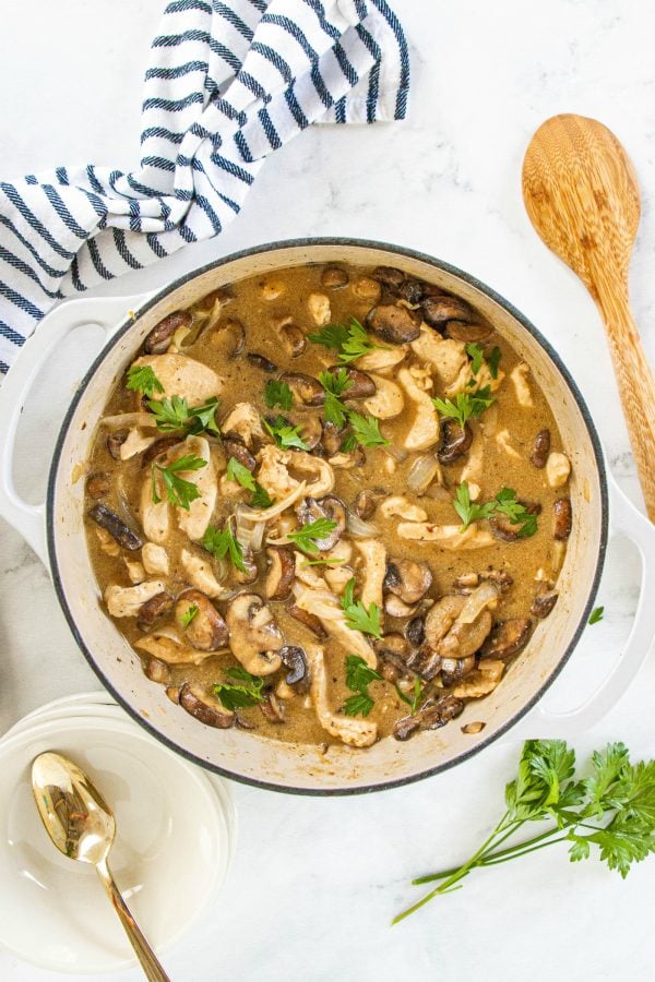 a cooked pot of chicken marsala