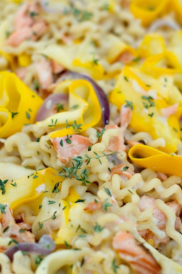 Squash Ribbon Pasta with Salmon Herb Cream Sauce | ReluctantEntertainer.com