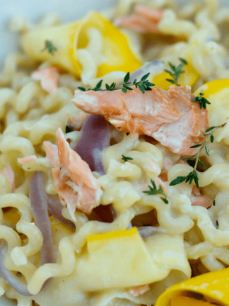 Squash Ribbon Pasta with Salmon Herb Cream Sauce | ReluctantEntertainer.com