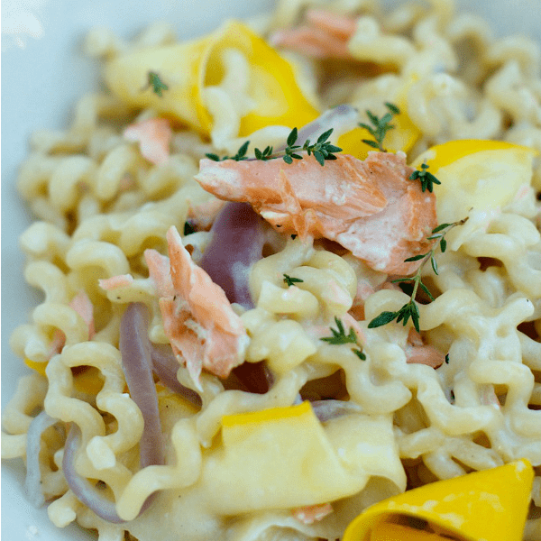 Squash Ribbon Pasta with Salmon Herb Cream Sauce