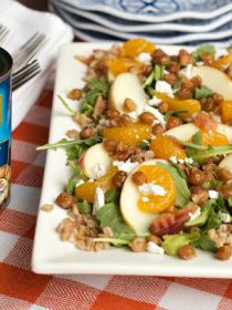 Apple Farro Bacon Salad with Candied Garbanzo Beans at ReluctantEntertainer.com