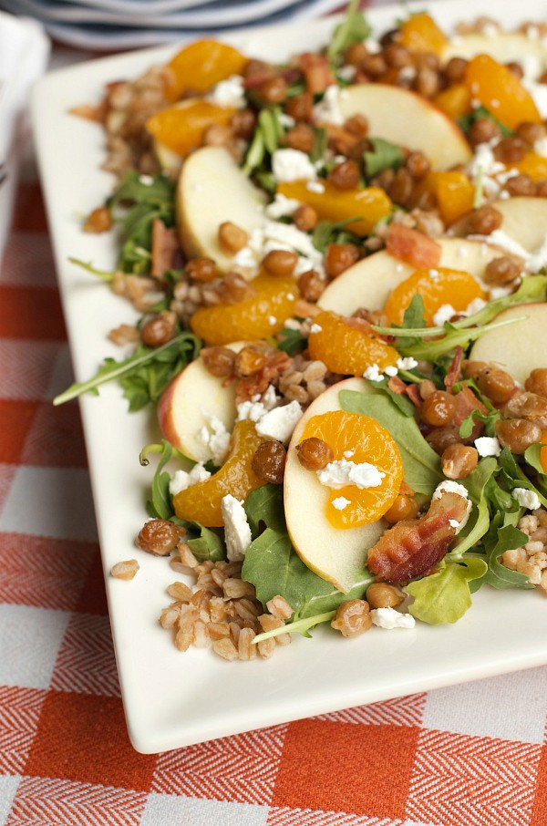 Apple Farro Bacon Salad with Candied Garbanzo Beans at ReluctantEntertainer.com