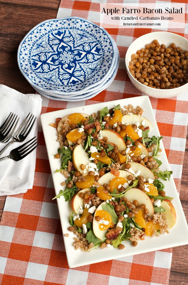 Apple Farro Bacon Salad with Candied Garbanzo Beans at ReluctantEntertainer.com