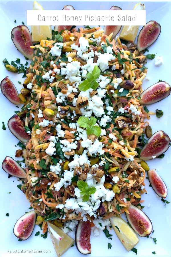 Delicious carrots, figs, goat cheese, herbs - a beautiful presentation for this Carrot Honey Pistachio Salad