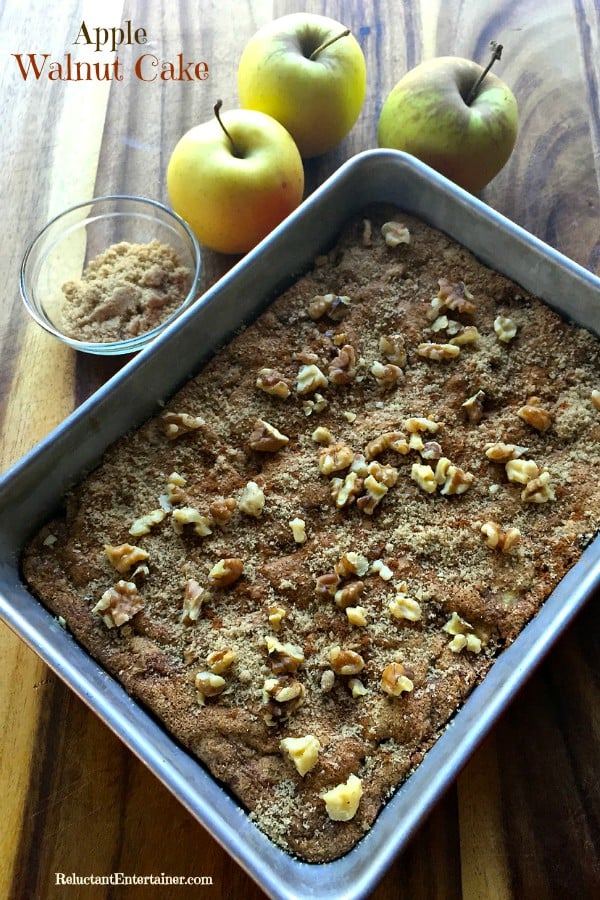 Being Grateful and Generous with Apple Walnut Cake ... opening our homes--with yummy smells, warm fires, cozy blankets, good drinks, delicious food—to share, open our hearts, and be thankful for the generosity of others. ReluctantEntertainer.com