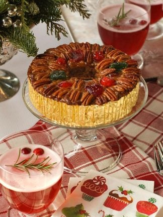 Collin Street Bakery Deluxe® Fruitcake is festive, and delicious served with a Cranberry Kir Royale holiday drink