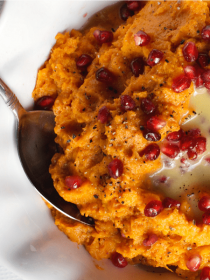 This Easy Mashed Sweet Potatoes recipe is delicious served with a dab of butter, and festive pomegranate seeds sprinkled on top!