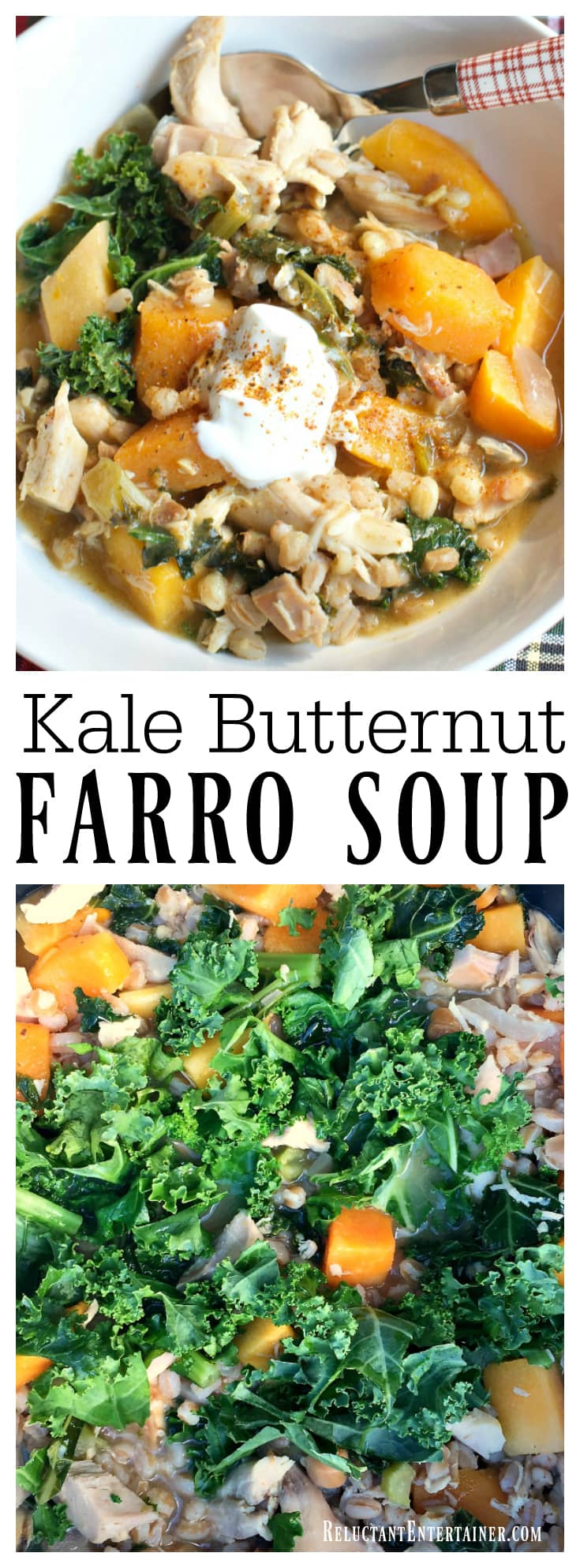 Kale Butternut Farro Soup is delicious with leftover turkey or chicken, the perfect comfort dish to serve to a friend or two