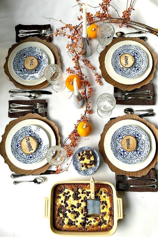 fall table setting with Pumpkin Chocolate Cream Cheese Cake