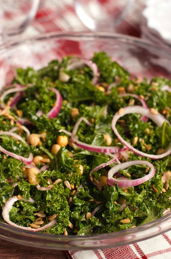 Marinated Kale Salad with garbanzo beans and sunflower seeds