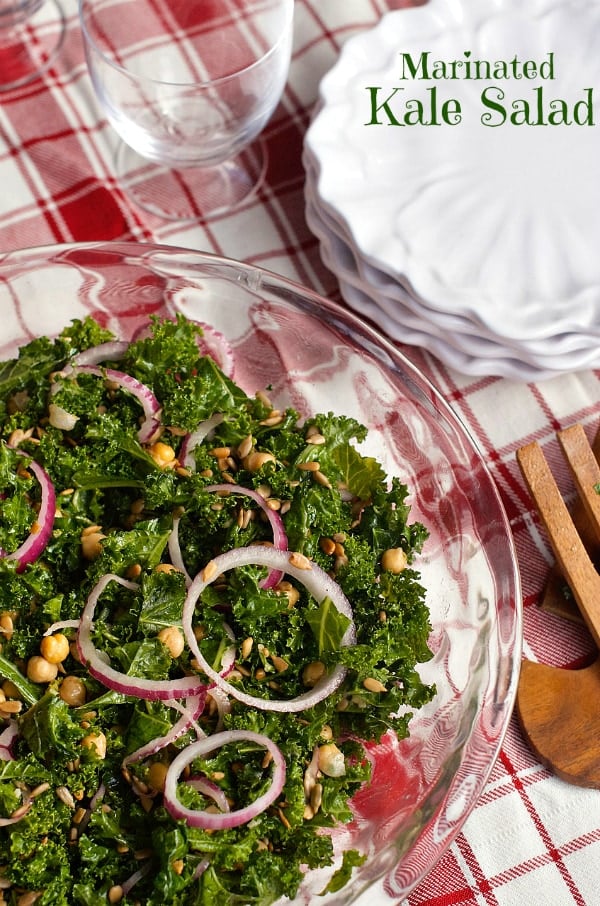 Marinated Kale Salad with garbanzo beans and sunflower seeds