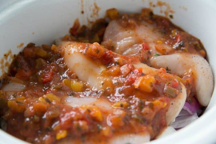 Slow Cooker Chicken Breasts with Carrots and Potatoes with salsa