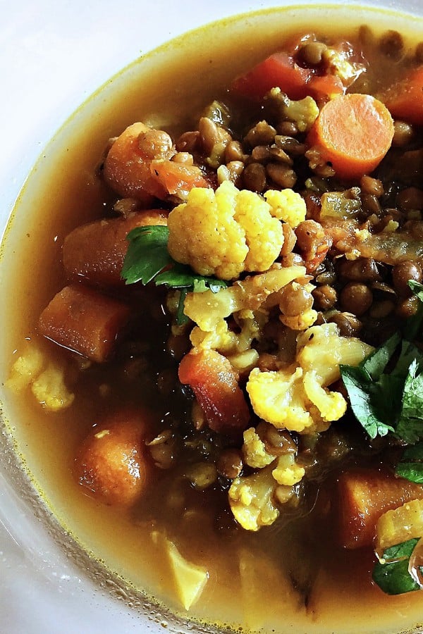 winter bowl of Moroccan Lentil Cauliflower Soup