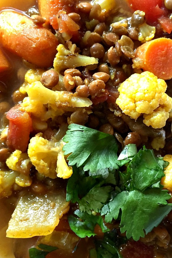 Moroccan Lentil Cauliflower Soup with cilantro