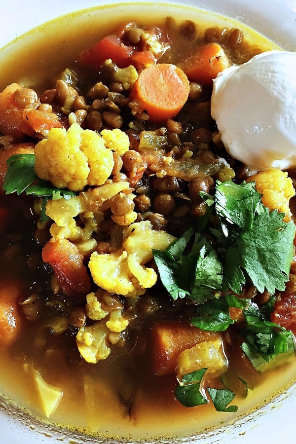 Moroccan Lentil Cauliflower Soup with sour cream