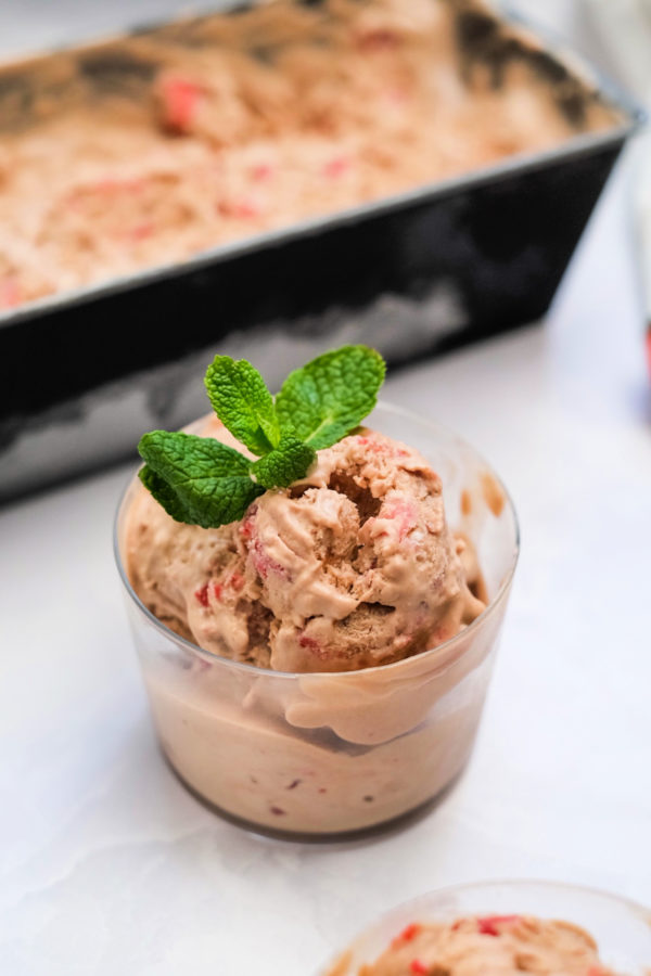strawberry nutella ice cream with sprig of mint