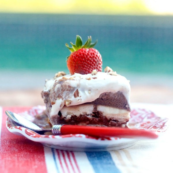 Banana Split Dessert on a plate showing the layers of ice cream