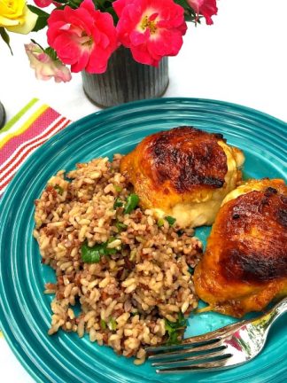Lime Cilantro Rice is delicious served with Apricot-Glazed Chicken Thighs for a lovely summer dinner or picnic or potluck dish.