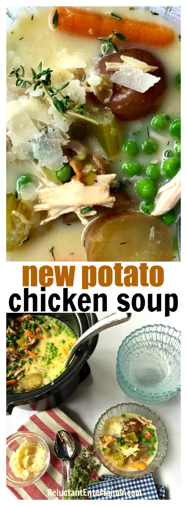 New Potato Chicken Soup--easy crock pot version of new potatoes and peas, made with Rotisserie chicken, herbs, and fresh veggies!