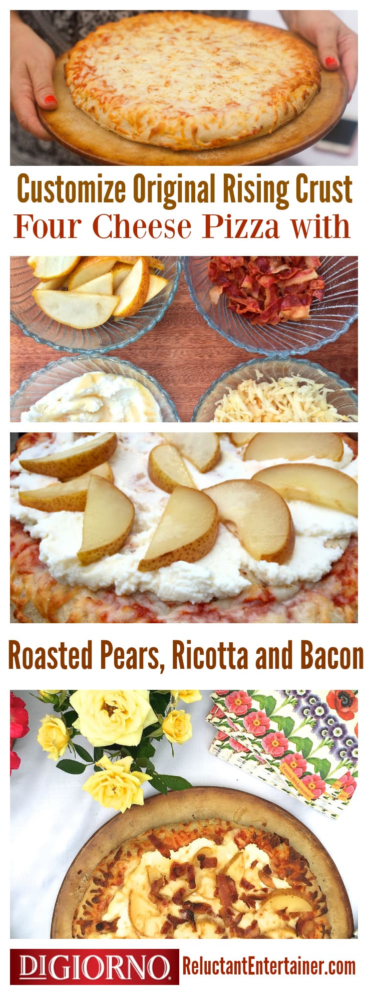 Today I'm sharing how to customize your own DIGIORNO pizza for a weekend gathering, with ricotta and pears, for a Roasted Pear Ricotta Pizza!