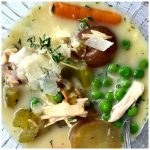 New Potato Chicken Soup--easy crock pot version of new potatoes and peas, made with Rotisserie chicken, herbs, and fresh veggies!
