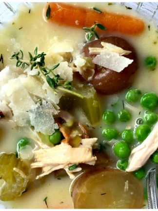 New Potato Chicken Soup--easy crock pot version of new potatoes and peas, made with Rotisserie chicken, herbs, and fresh veggies!