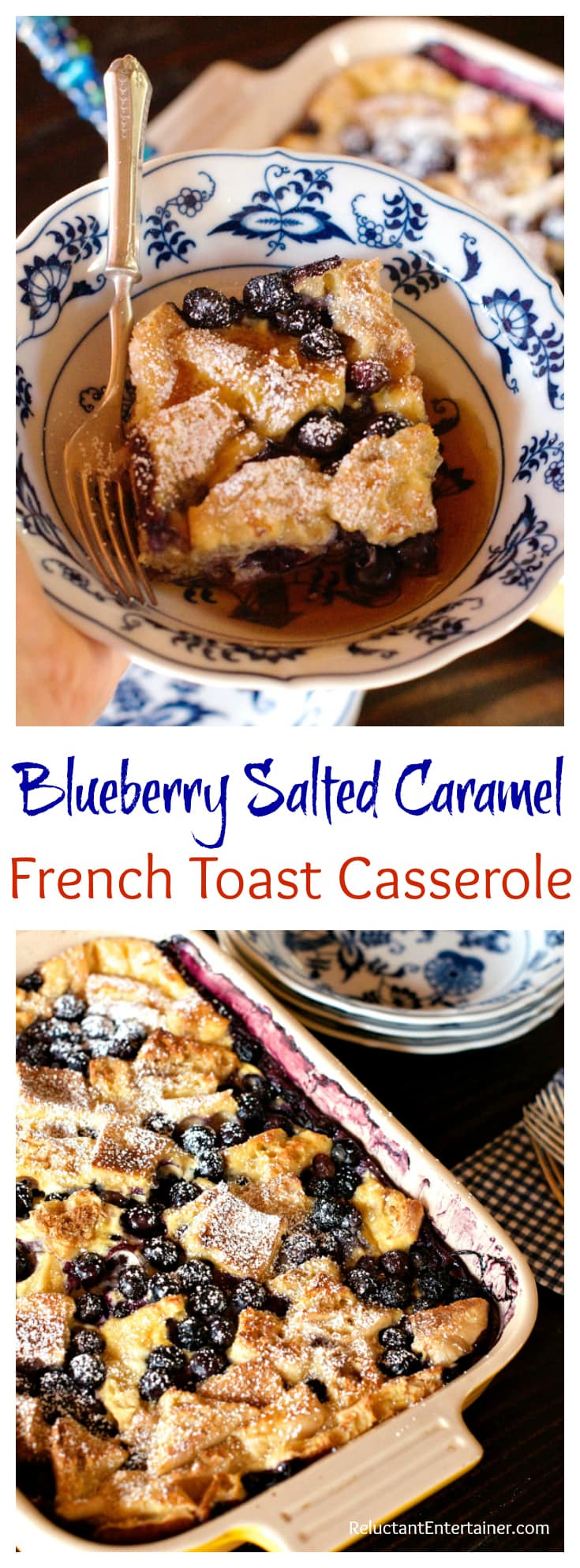 Blueberry Salted Caramel French Toast Casserole for breakfast, brunch, or even dessert, served warm with vanilla ice cream!