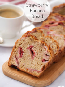 slices of strawberry banana bread with a cup of coffee
