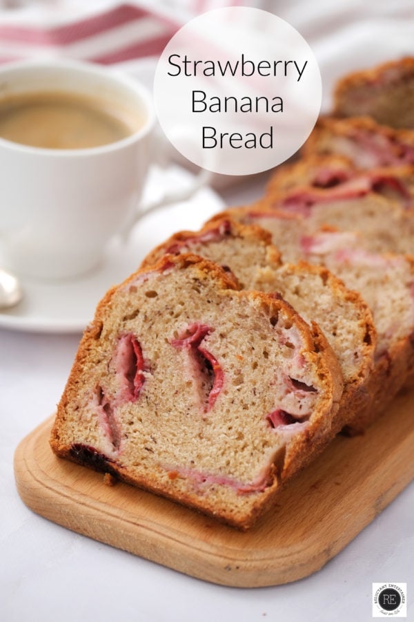 slices of strawberry banana bread with a cup of coffee