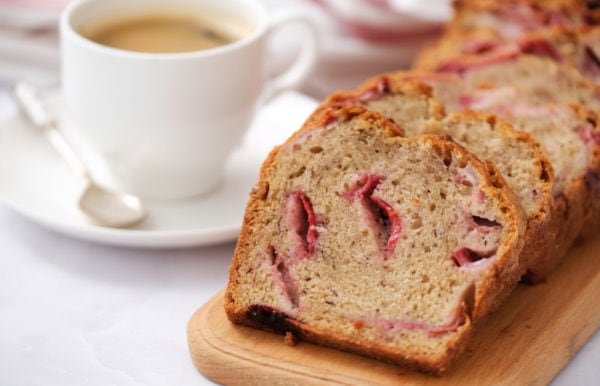 baked loaf of strawberry banana bread
