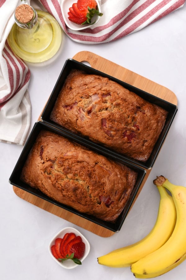 2 smal loaves in pans of strawberry banana bread