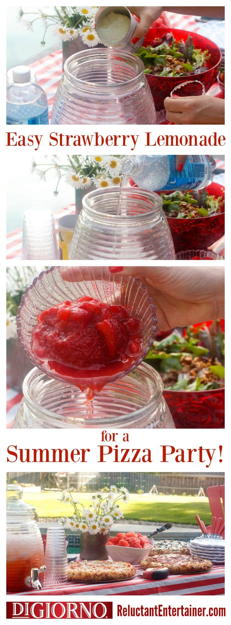 Easy Strawberry Lemonade for a summer pizza party! at ReluctantEntertainer.com