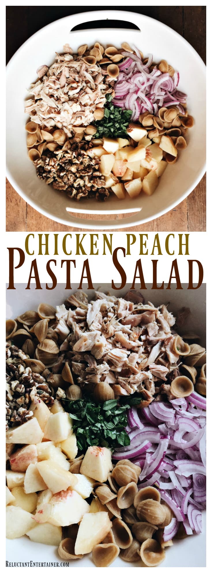 Chicken Peach Pasta Salad for summer entertaining | ReluctantEntertainer.com