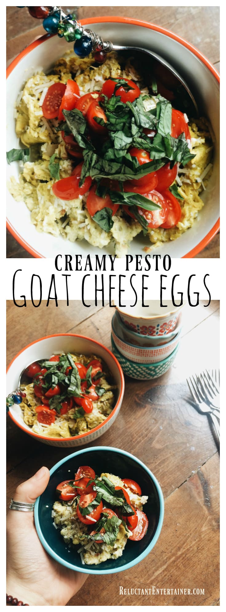 Creamy Pesto Goat Cheese Eggs are a delicious dish to serve with fresh tomatoes and basil, perfect for a weekend breakfast or brunch!