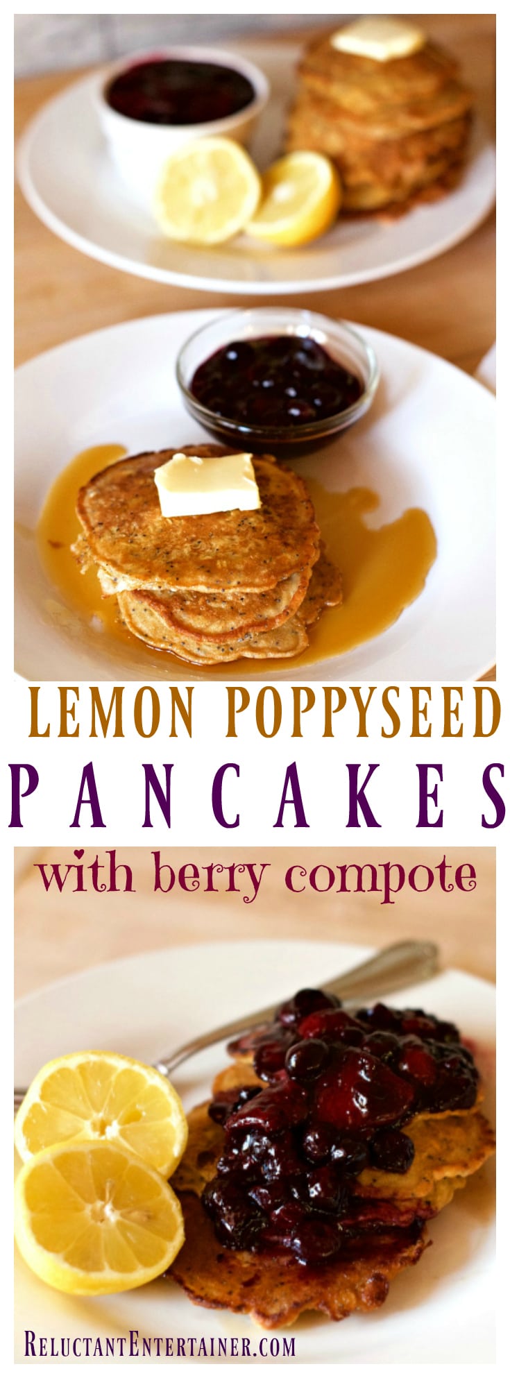 Lemon Poppyseed Pancakes with Berry Compote, the perfect breakfast for out-of-town company, made with frozen berries!